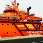 Bright orange maritime rescue ship docked in Las Palmas, Gran Canaria.